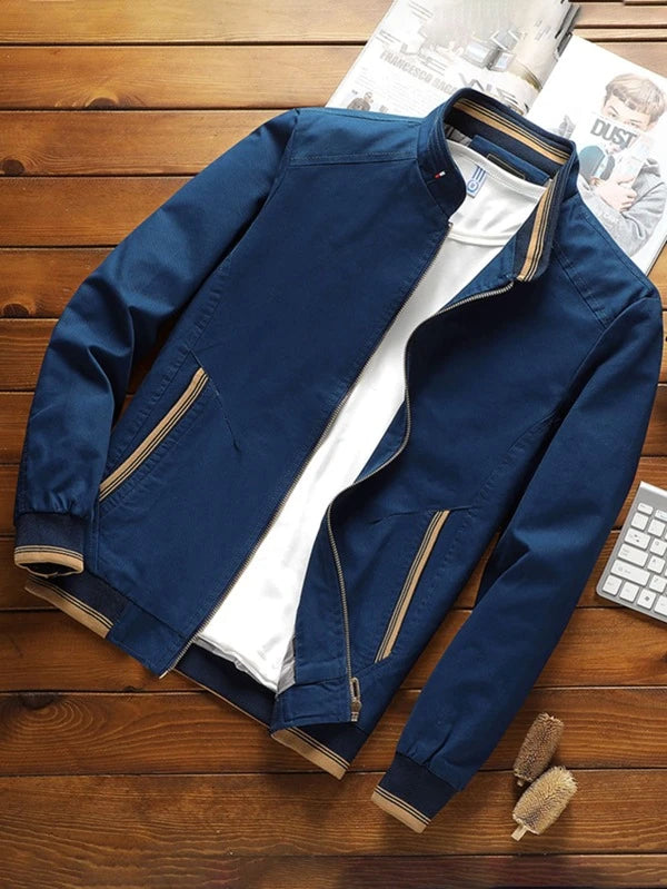 Men Striped Trim Zipper Jacket Without Tee