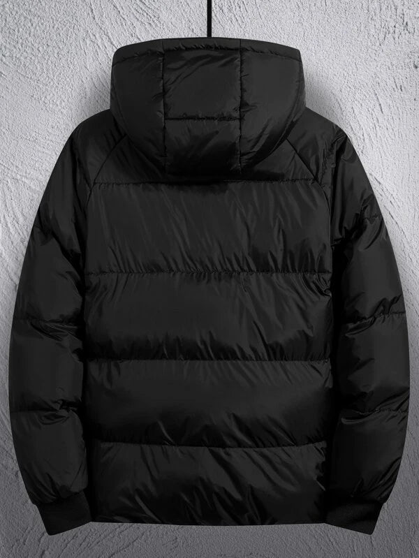 Men Drawstring Hooded Zipper Puffer Coat Without Sweater