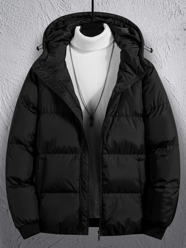 Men Drawstring Hooded Zipper Puffer Coat Without Sweater