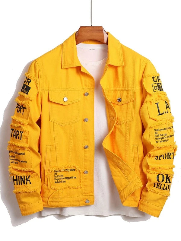 Men Slogan Graphic Flap Pocket Denim Jacket Without Tee