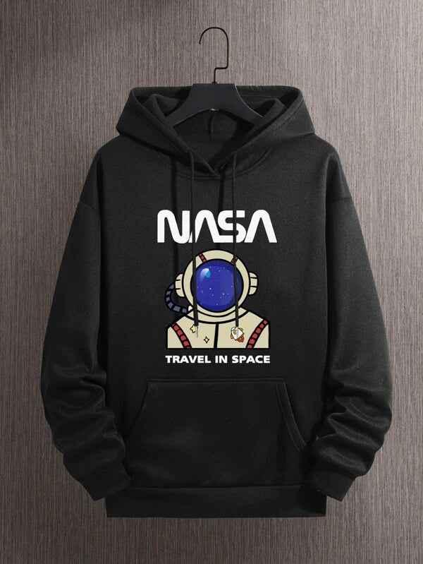 Men Astronaut & Letter Graphic Kangaroo Pocket Drawstring Hoodie