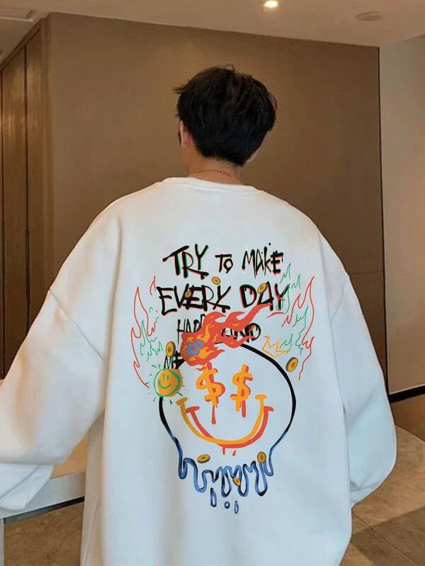 Men Cartoon And Slogan Graphic Sweatshirt