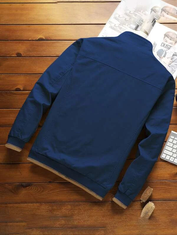 Men Striped Trim Zipper Jacket Without Tee