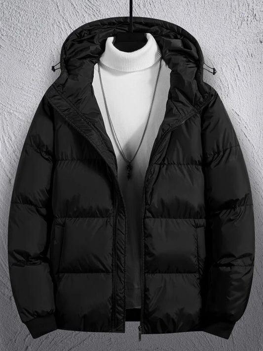 Men Drawstring Hooded Zipper Puffer Coat Without Sweater