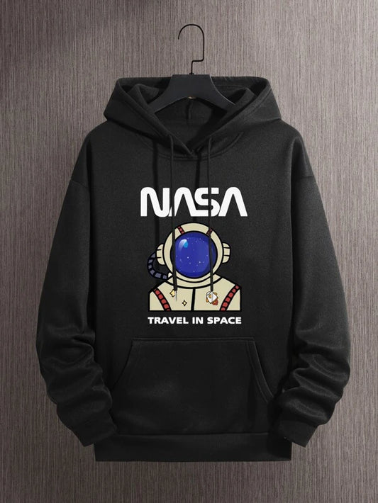 Men Astronaut & Letter Graphic Kangaroo Pocket Drawstring Hoodie
