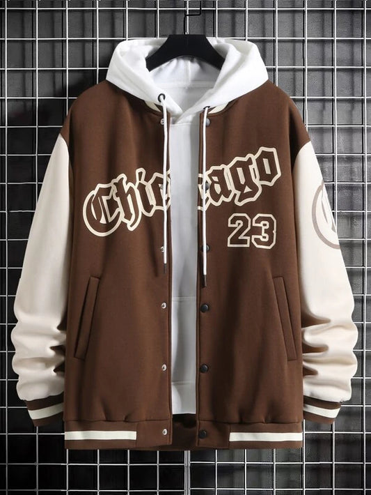 Men Letter Graphic Two Tone Varsity Jacket Without Hoodie